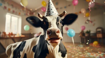 Happy cute animal friendly cow wearing a party hat celebrating at a fancy newyear or birthday party festive celebration greeting with bokeh light and paper shoot confetti surround happy lifestyle - obrazy, fototapety, plakaty