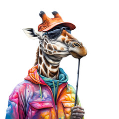 Watercolor giraffe, png, print, Giraffe fisherman with fishing rod, clear image, hyper-realistic, bright colourful saturated colours, on white background