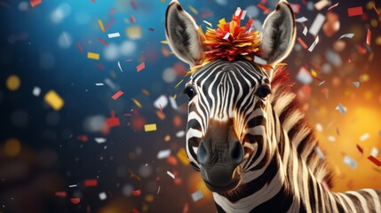 Happy cute animal friendly zebra wearing a party hat celebrating at a fancy newyear or birthday party festive celebration greeting with bokeh light and paper shoot confetti surround happy lifestyle - obrazy, fototapety, plakaty