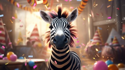 Happy cute animal friendly zebra wearing a party hat celebrating at a fancy newyear or birthday party festive celebration greeting with bokeh light and paper shoot confetti surround happy lifestyle