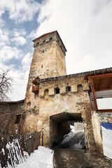 Towers of Mestia village in Svaneti region in Georgia in winter 