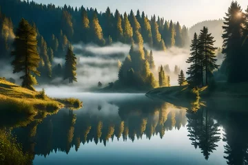 Photo sur Plexiglas Forêt dans le brouillard sunrise over the lake