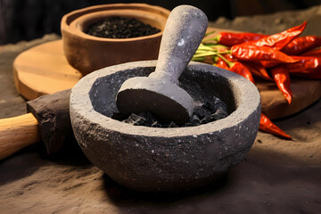 Molcajete (Mexico) - A traditional Mexican mortar and pestle made from volcanic rock, used for grinding spices and making sauces - obrazy, fototapety, plakaty