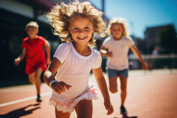 Joyful Childhood: Kids Racing in Sunlit Summer Fun
