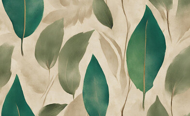 plain beige textured wall with hand painted leaves in vibrant hues of green painted on one side to be used for presentation mock-up or backgrounds 