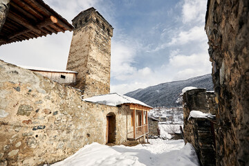 Towers of Mestia village in Svaneti region in Georgia in winter 