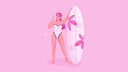 Girl with a surfboard. Girl with pink hair holding surfboard.  Trendy pink aesthetic. Vector illustration in cartoon style.