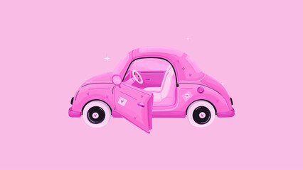 Pink car in Y2K style . Retro pink car illustration in trendy pink aesthetic. Vector illustration in flat cartoon style.
