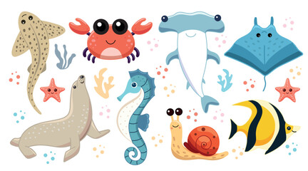 Cute sea animals, set of illustrations with aquatic inhabitants of the ocean, Leopard shark and crab, hammerhead shark and stingray, sea lion and seahorse, snail and yellow fish