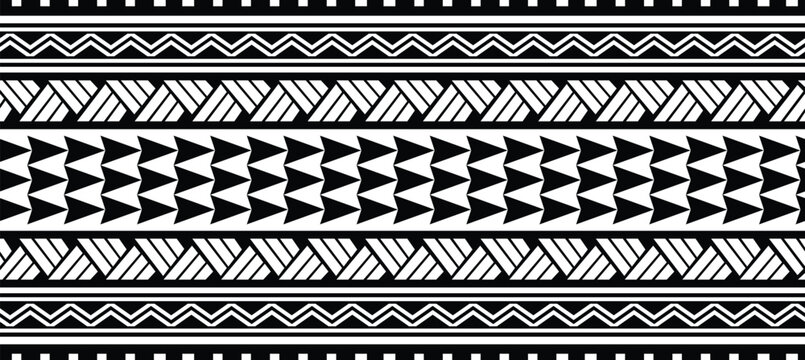 Fototapeta Polynesian isolated maori border. Tribal  pattern seamless samoan band. Tattoo ornamental fore arm bracelet. Fabric seamless isolated hawaiian pattern on white background.