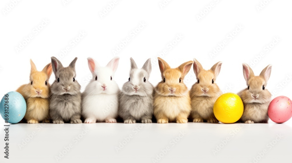 Poster a group of rabbits sitting next to each other in front of a row of colored easter eggs on a white su