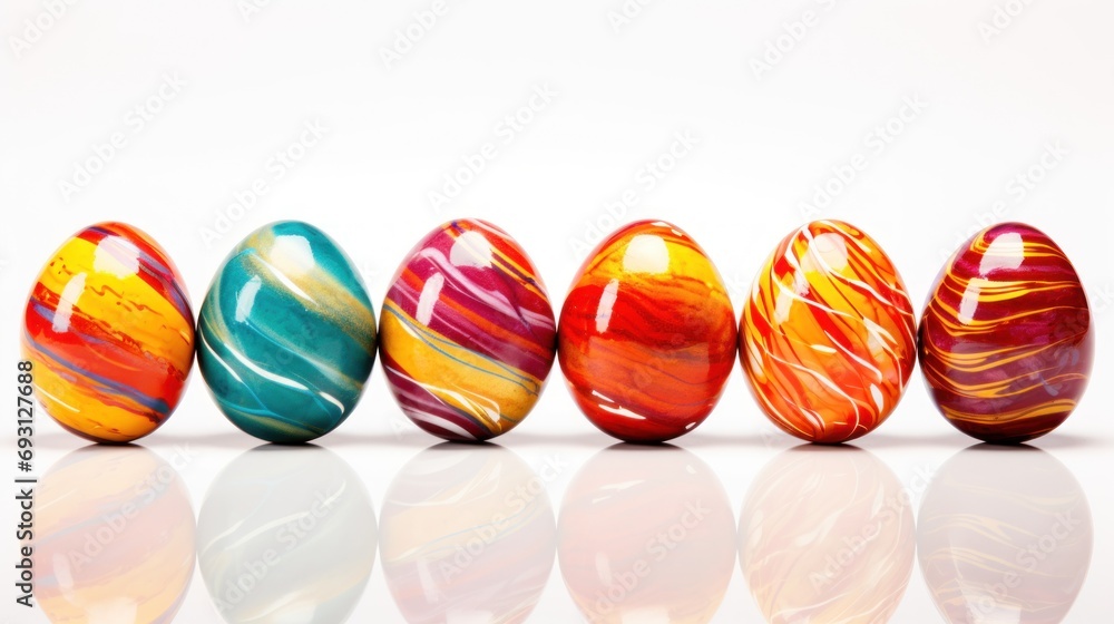 Poster a row of multicolored marbled eggs on a white surface with a reflection in the middle of the egg, wi