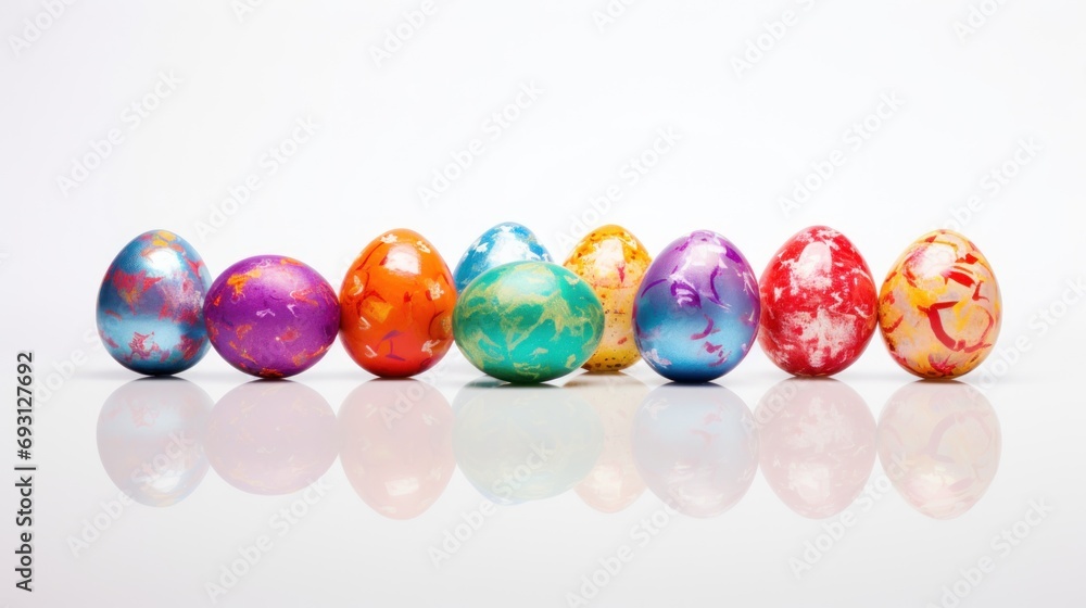 Poster a row of painted eggs sitting next to each other on a white surface with a reflection of the eggs in
