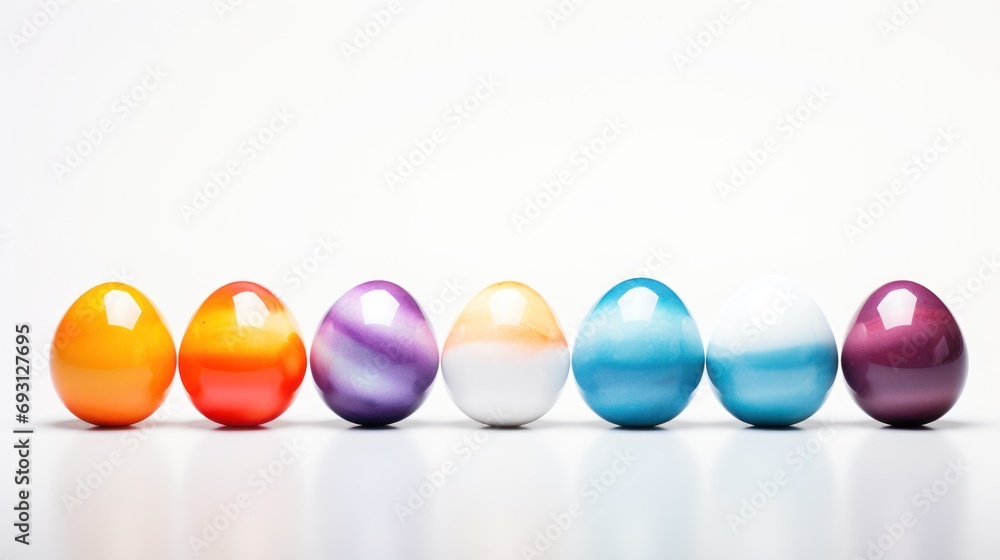 Poster a row of colorful eggs sitting next to each other on top of a white surface with one egg in the midd