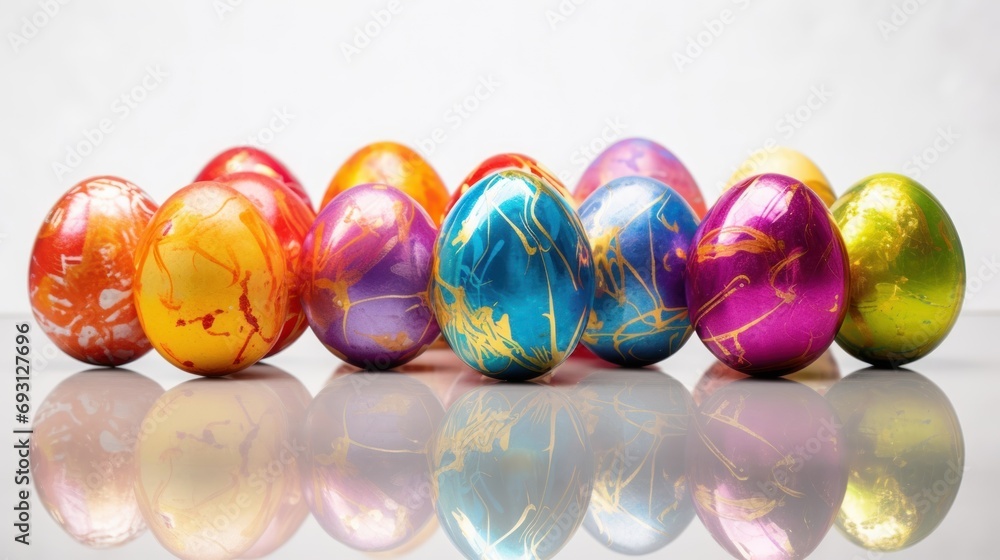 Poster a row of colorful painted eggs sitting on top of a white counter top with a reflection of the eggs i