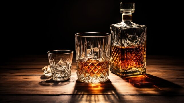  a bottle of whiskey next to two glasses on a wooden table with a shadow cast on the surface of the bottle and the glass on the table is half empty.
