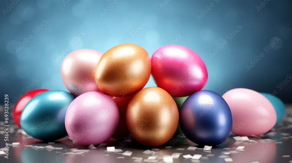 Poster a pile of shiny colored eggs sitting on top of a shiny table cloth with confetti scattered around it