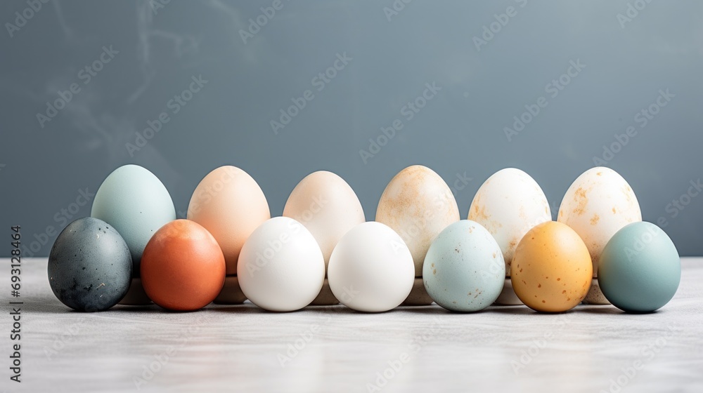 Aufkleber a row of eggs sitting next to each other on top of a white counter top in front of a gray wall with 