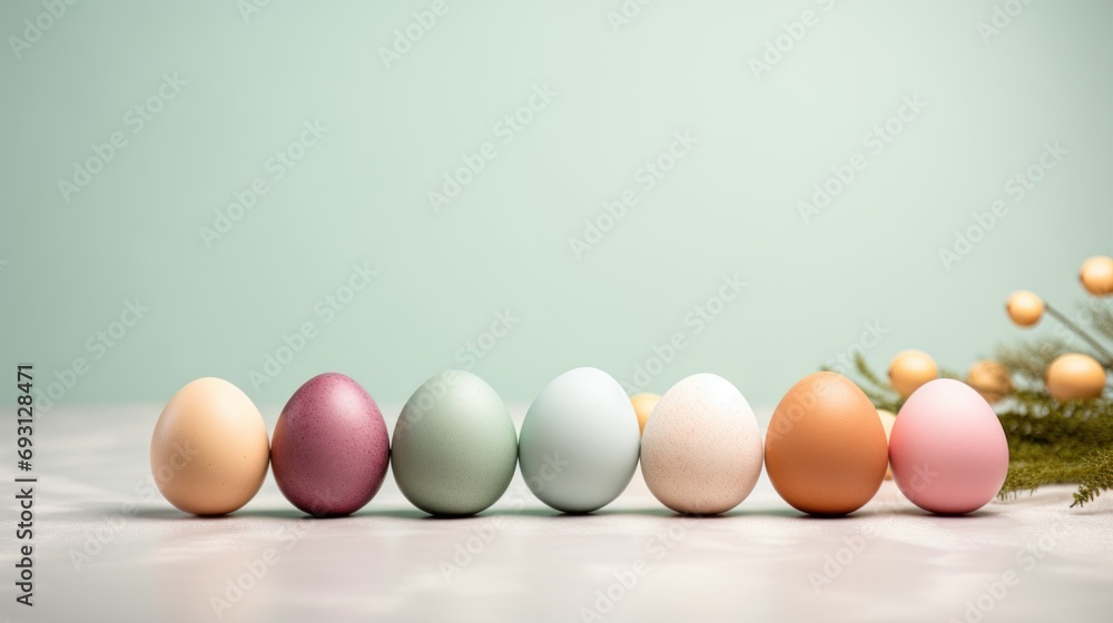 Aufkleber a row of colored eggs sitting on top of a table next to a christmas tree in front of a mint green ba