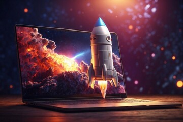 rocket takes off from laptop display, illustrating technological growth and ethical digital advancement - obrazy, fototapety, plakaty
