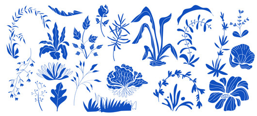 Blue ceramic plants and flowers botanical set adorable, lovely, pretty, vintage, modern, flat - obrazy, fototapety, plakaty