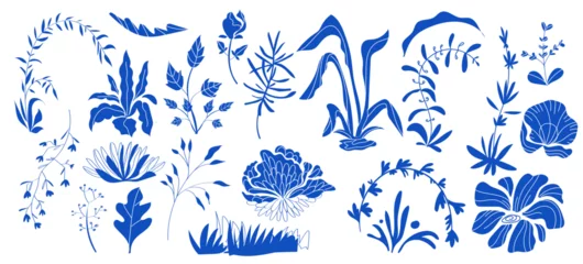 Fotobehang Blue ceramic plants and flowers botanical set adorable, lovely, pretty, vintage, modern, flat © Phuong