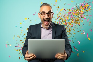 Excited Man With Laptop And Confetti On Pastel Background