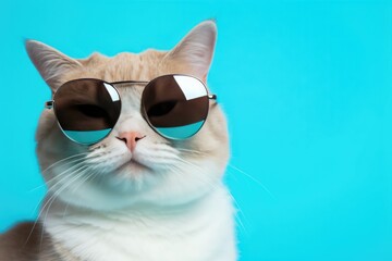 Stylish Feline Sporting Sunglasses On A Blue Background