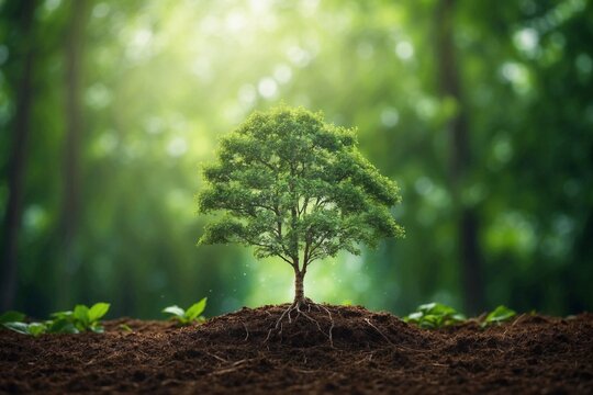 small green tree amidst green background, symbolizing environmental renewal and nature beauty, sprouting change