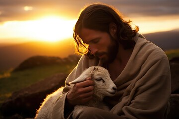 Jesus Caring For Missing Lamb During Sunset - obrazy, fototapety, plakaty