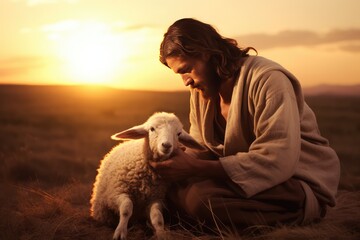 Jesus' Compassionate Act Of Rescuing A Lost Lamb At Dusk - obrazy, fototapety, plakaty
