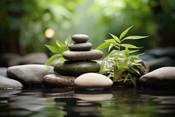 Tranquil Oasis: Serene Wellness Scene With Stones And Bamboo Waterfall
