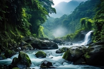 Naklejka na ściany i meble Captivating Natural Beauty: Majestic River Waterfall Amidst Verdant Mountains And Vibrant Rainforest