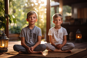 Two Young Boys Enjoying Peaceful Meditation at Home