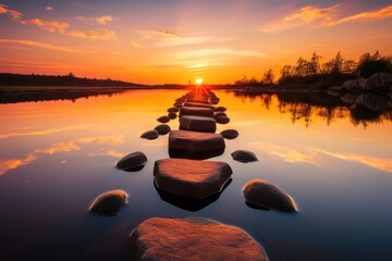 Serene Sunset Stroll: Stepping Stones In Water Unveiling A Path To Tranquility