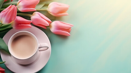Fototapeta na wymiar Colorful Spring Tulip with a Cup of Hot Coffee Latte. Mother's Day and Valentine's Day Copy Space Concept