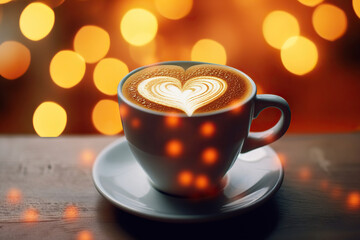 Latte Coffee Cup with Heart on Blurred Bokeh Background. Morning Tea Love Art for Valentine's Day. Copy Space Concept