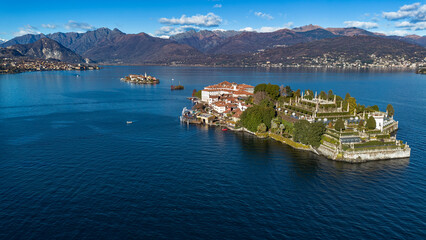 Aerial view of the Borromee islands on Lake Maggiore