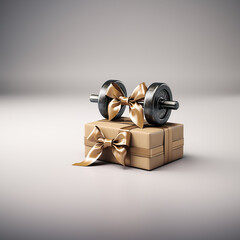 The gift of a fitness dumbbell. A surprise gift for the gym or fitness center. Marketing campaign for a sports store. Presentation post social media bg. Gift with bow and ribbon for banner, website - obrazy, fototapety, plakaty