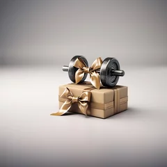 Foto op Canvas The gift of a fitness dumbbell. A surprise gift for the gym or fitness center. Marketing campaign for a sports store. Presentation post social media bg. Gift with bow and ribbon for banner, website © Colourful-background