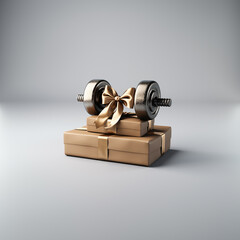 The gift of a fitness dumbbell. A surprise gift for the gym or fitness center. Marketing campaign for a sports store. Presentation post social media bg. Gift with bow and ribbon for banner, website