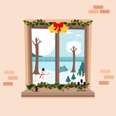 Christmas window. Winter view from the window. Vector graphics