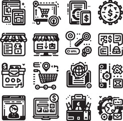 E-commerce Icons Set: Stylish and Contemporary Icons for a Sophisticated Online Shopping Journey. Minimallest E-commerce logo black outlined.
