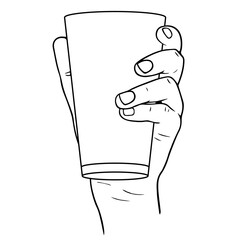Hand holds a glass or a cup of water, coffee or tea, vector linear illustration, hand drawing