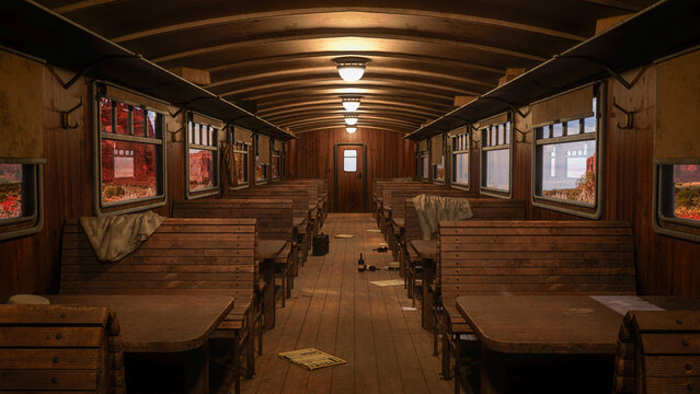 Inside an old wild west railway train passenger carriage. 3D rendering.