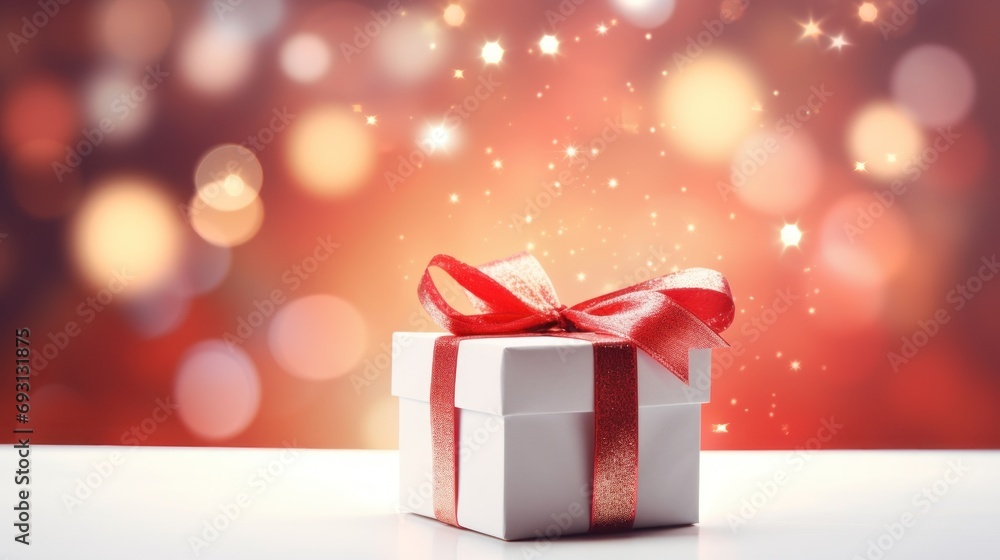 Poster a white gift box with a red ribbon and a red bow on a white table with a boke of lights in the backg