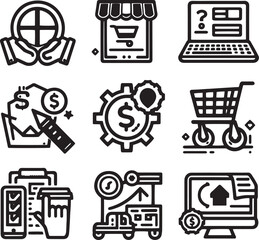 E-commerce Icons Set: Trendy and Versatile Symbols for a Fashion-Forward Online Shopping Interface. Minimallest E-commerce logo black outlined.

