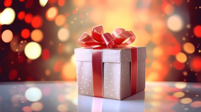  a white gift box with a red ribbon on a shiny surface with boke of lights in the backgroup of the image is a blurry background.