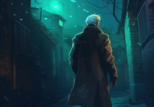  a man in a trench coat is walking down a dark alley way in a city at night with a green light shining on the buildings and snow falling off the ground.
