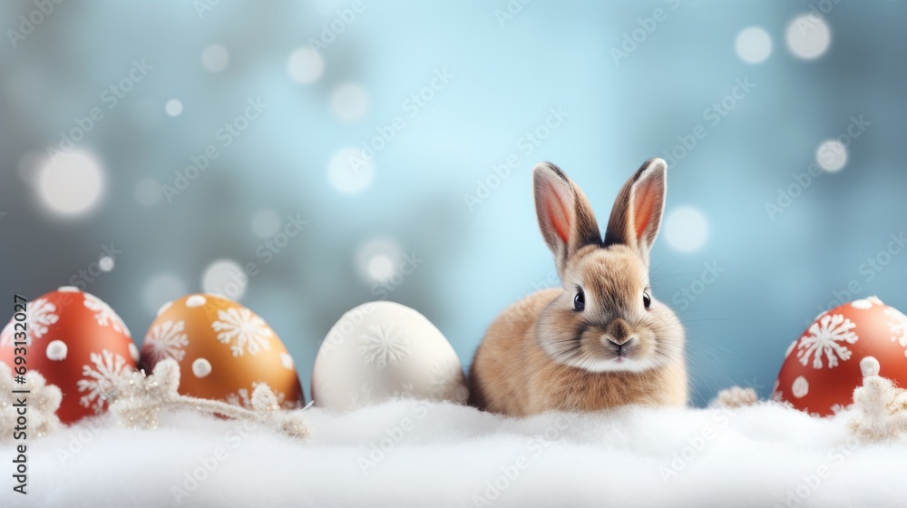 Aufkleber a rabbit sitting in front of a group of easter eggs with snowflakes on them and snowflakes on the gr